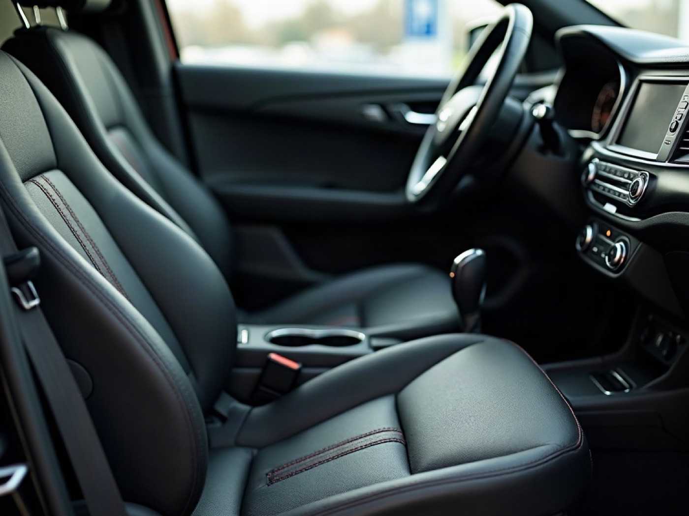 Cabin materials: seat stitching, dashboard grain, and steering-wheel wear