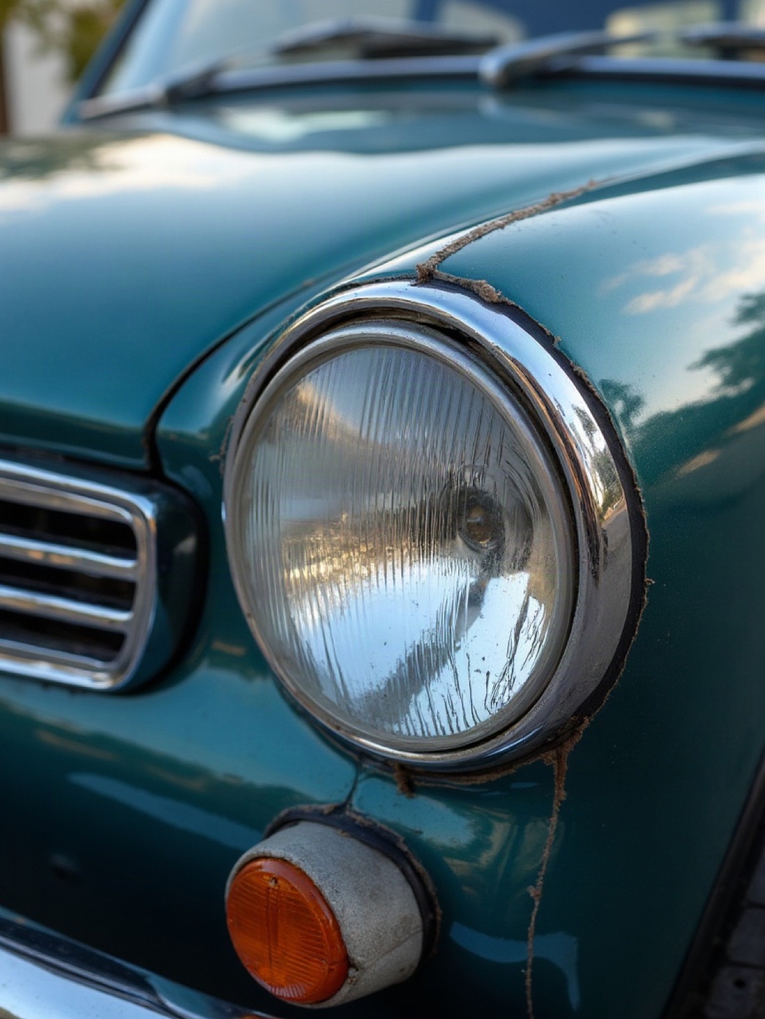 Daylight close-up of a headlamp, paint edge, and a small stone chip
